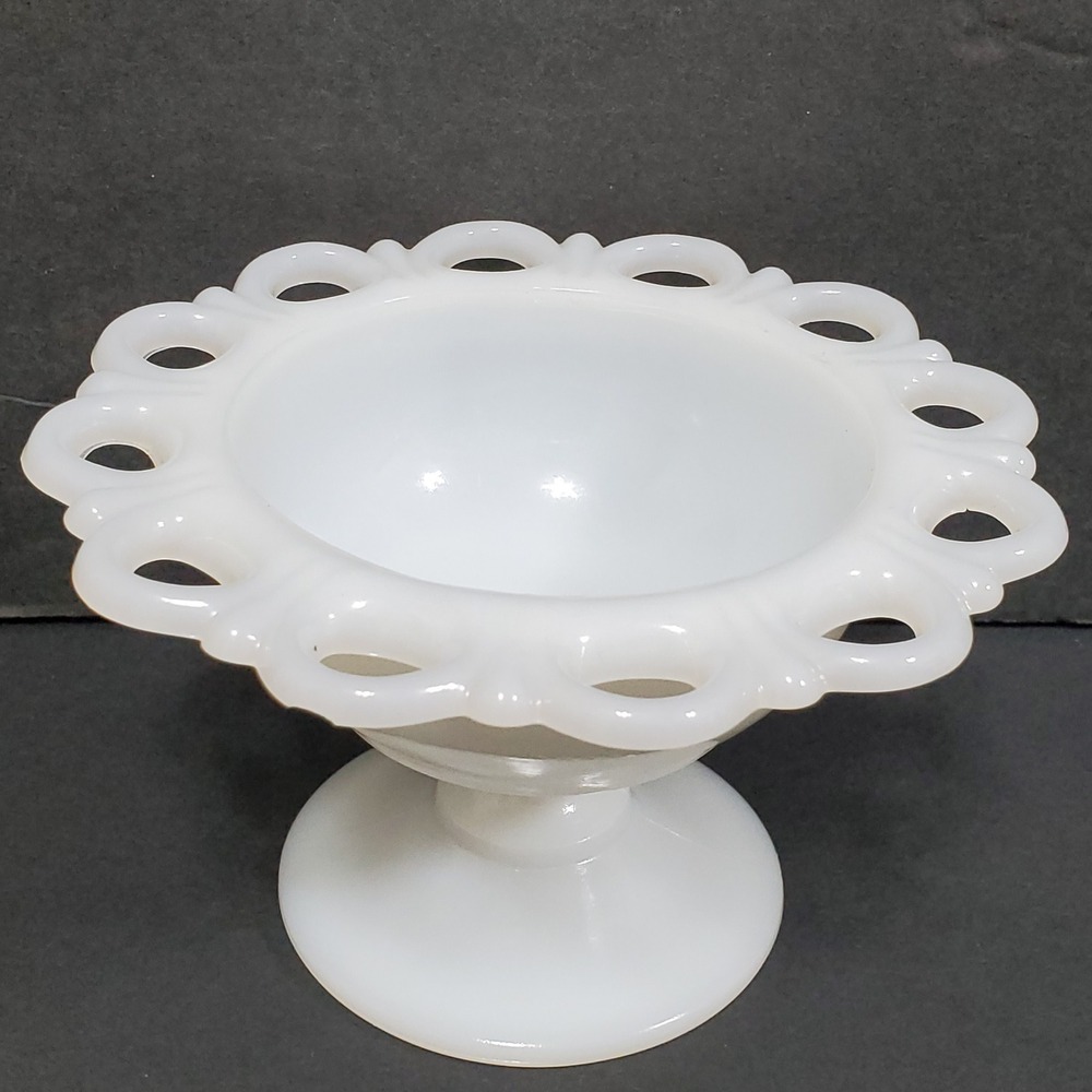 Anchor Hocking Milk Glass Open Lace Edge Pedestal Candy Dish Bowl 5" Vintage
